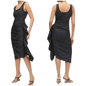 RHODE NWOT Elsie Gathered Poplin Midi Dress Black Size 0 Sleeveless Side Ruffle